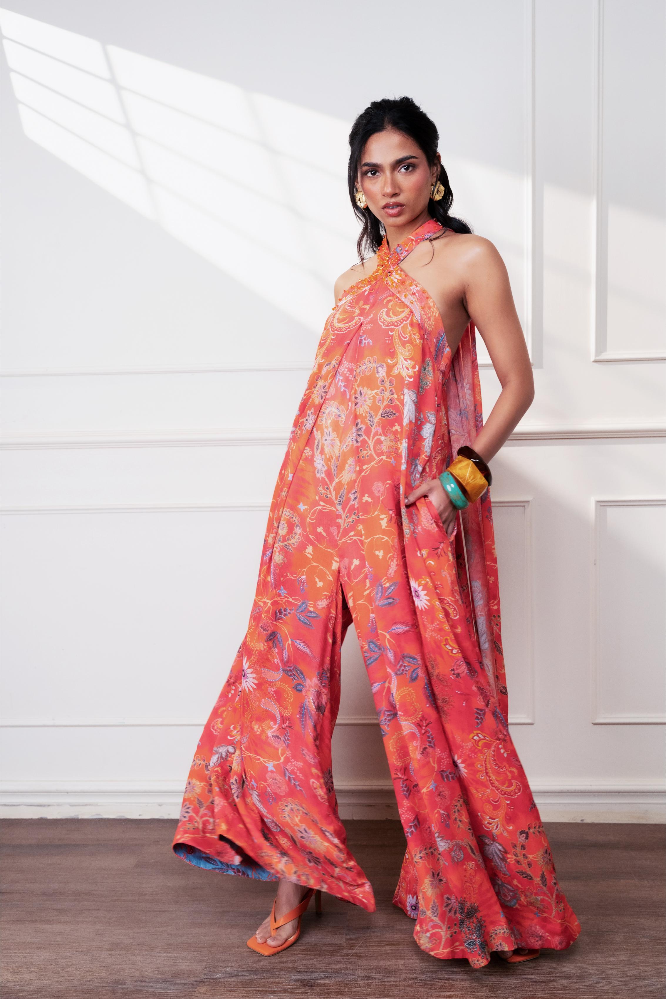 Spice Bloom Halter Cascade Jumpsuit at Style Junkiie