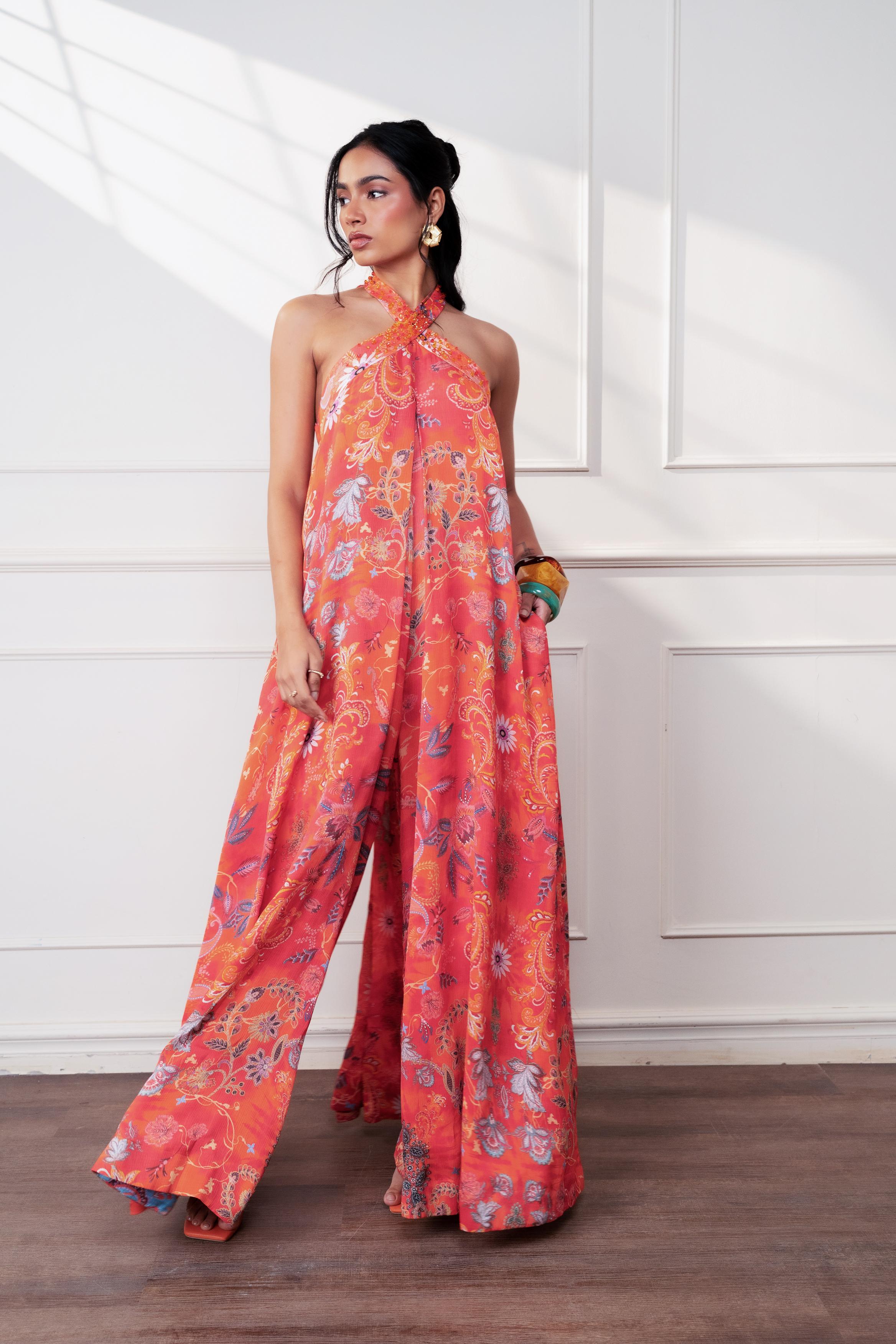 Spice Bloom Halter Cascade Jumpsuit at Style Junkiie