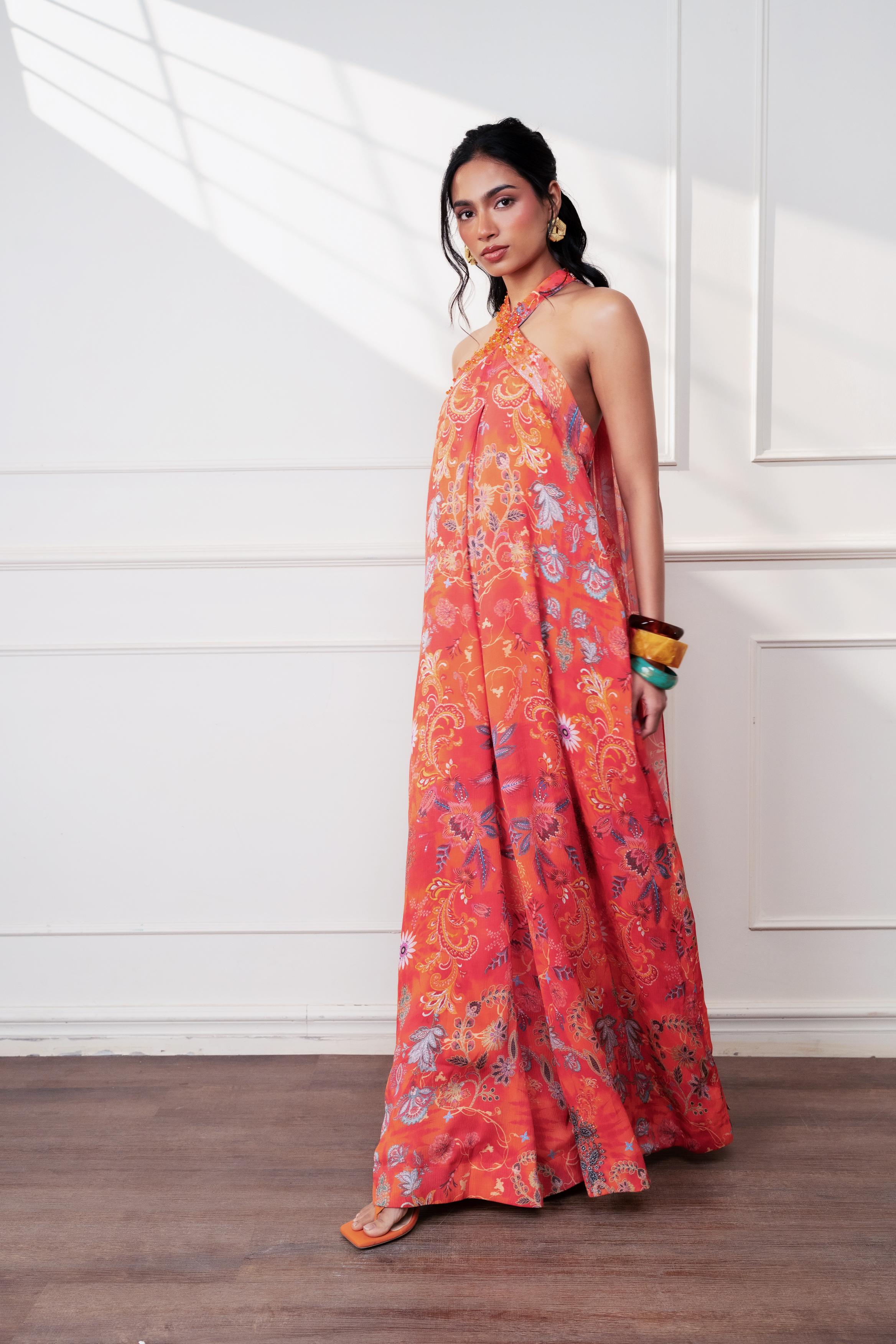 Spice Bloom Halter Cascade Jumpsuit at Style Junkiie