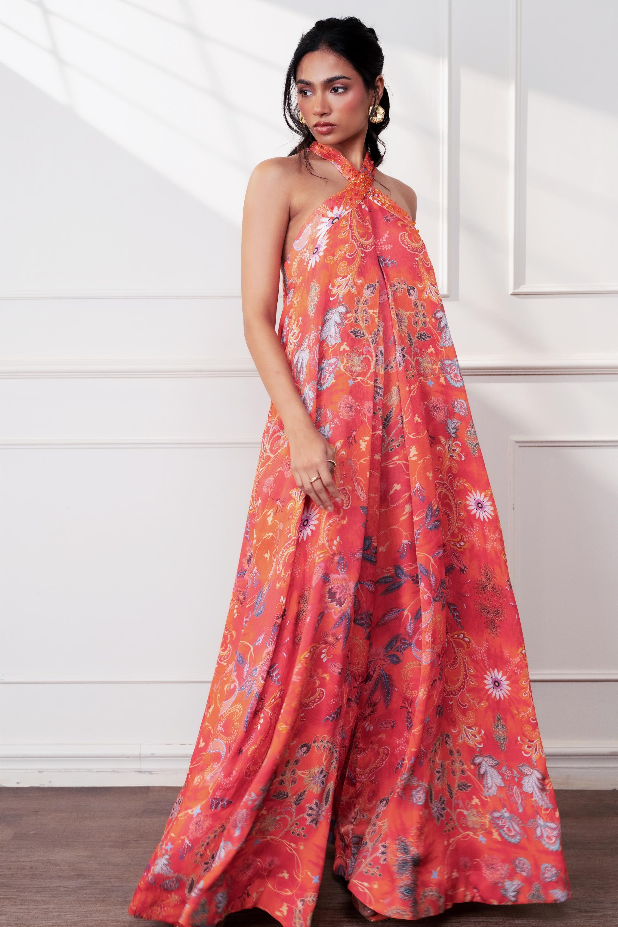 Spice Bloom Halter Cascade Jumpsuit at Style Junkiie