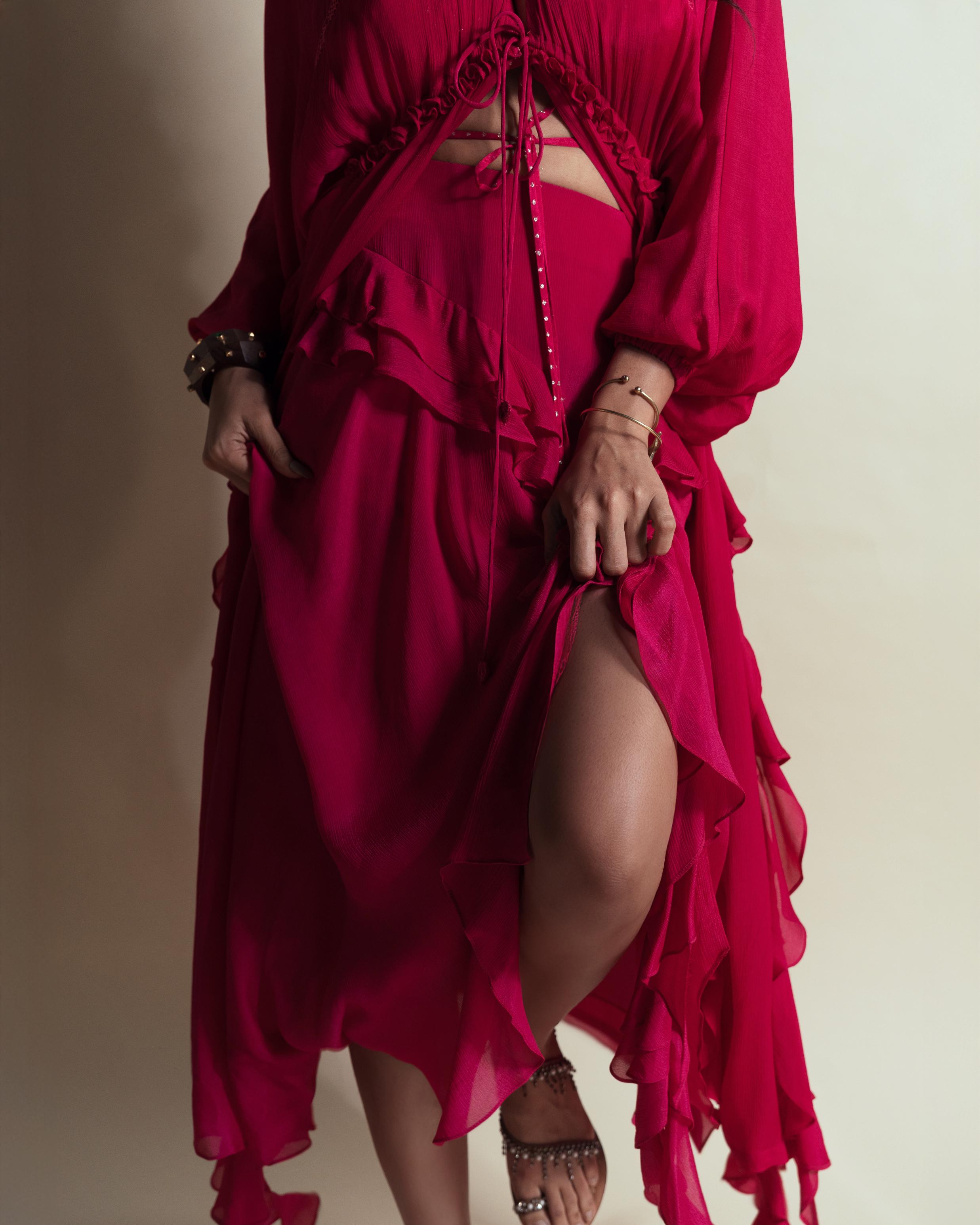 HOT STRAWBERRY CASCADE RUFFLED SKIRT