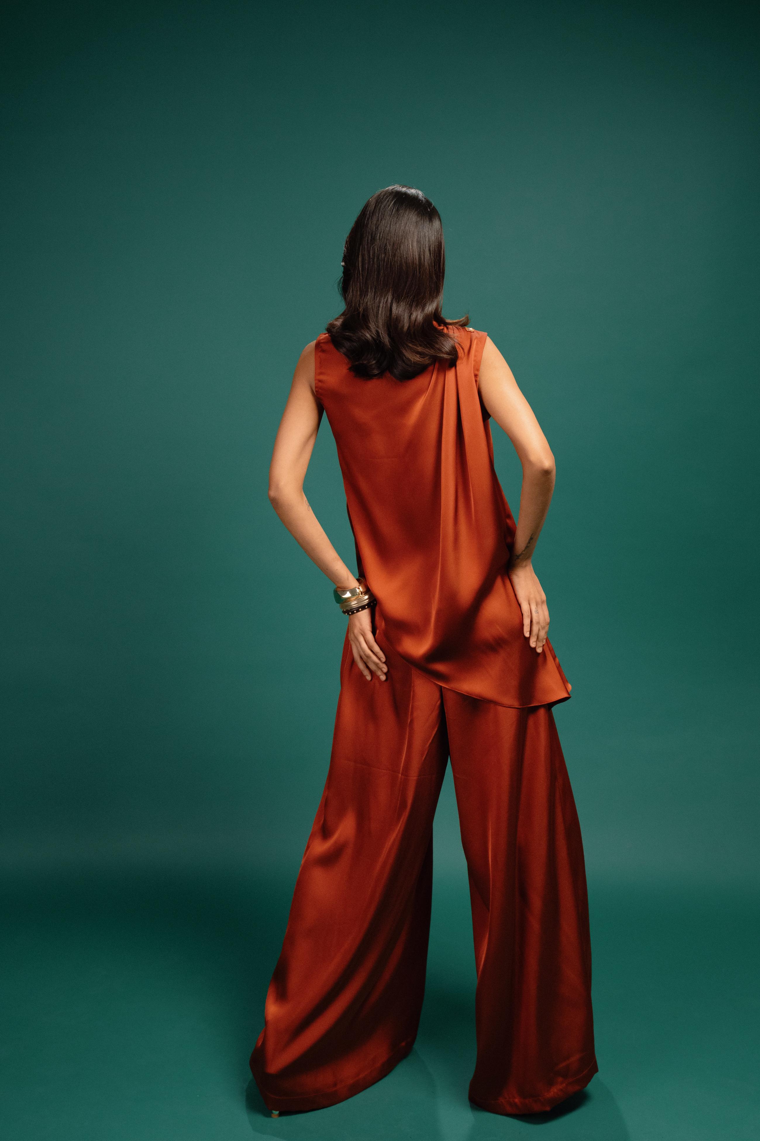 Rust Spotted Draped Satin Top
