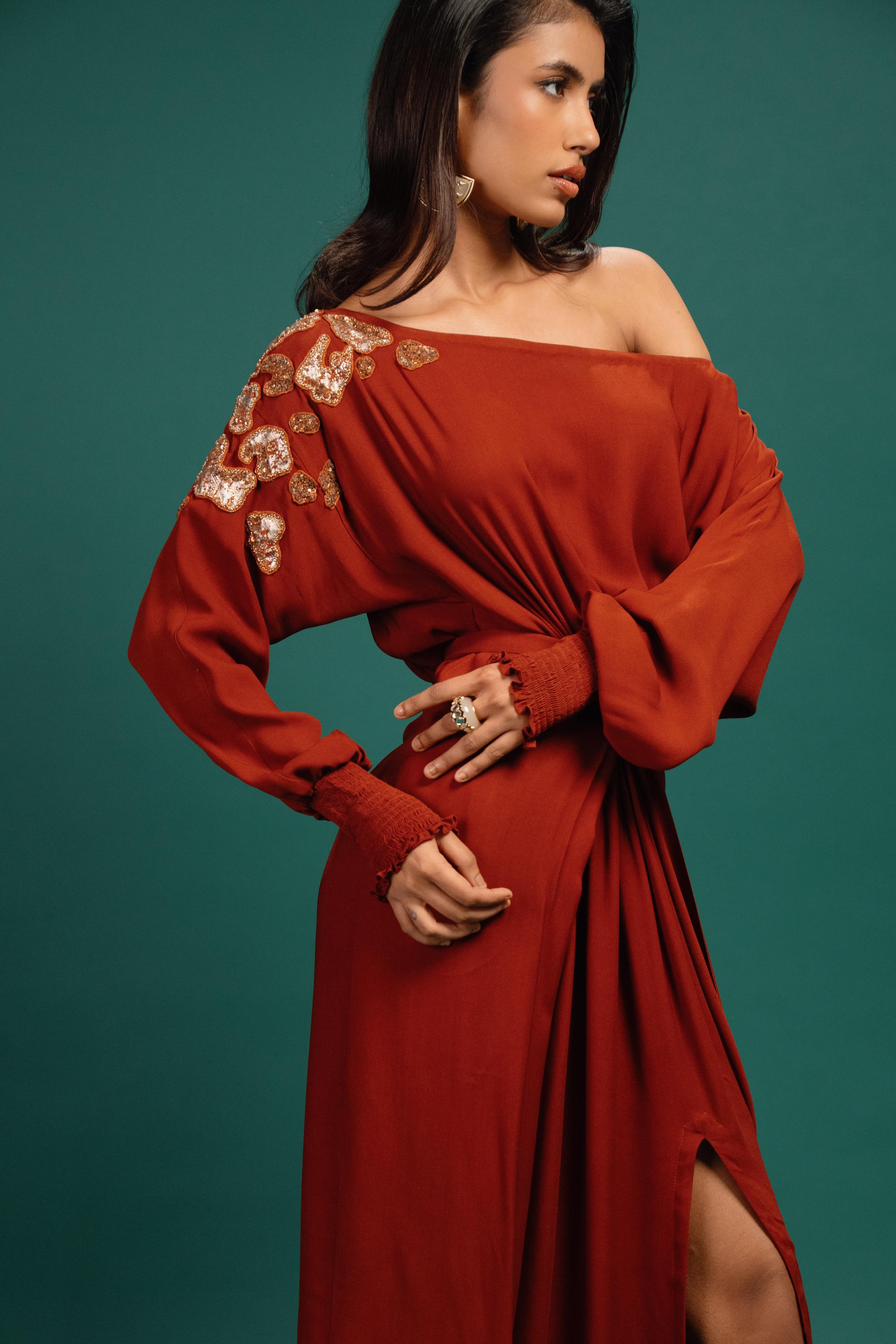 Rust Spotted Wrap Georgette Dress