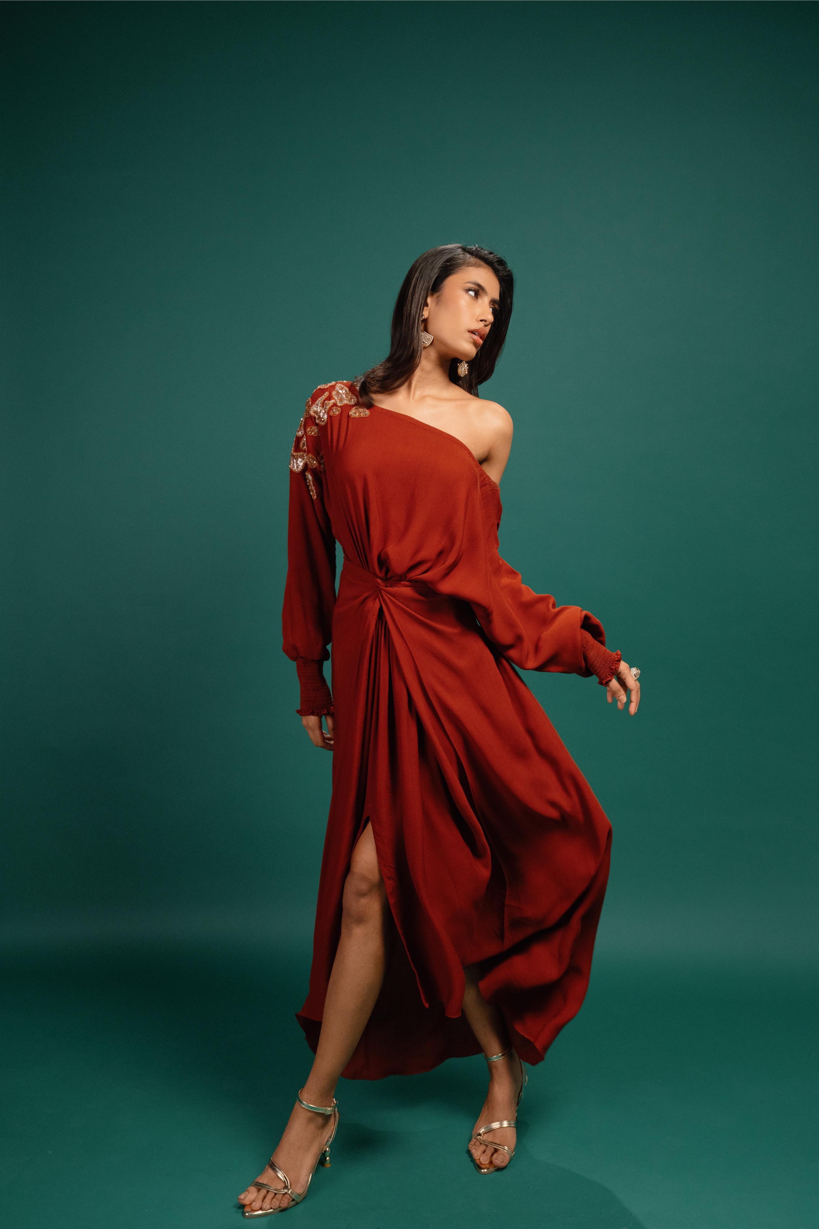 Rust Spotted Wrap Georgette Dress