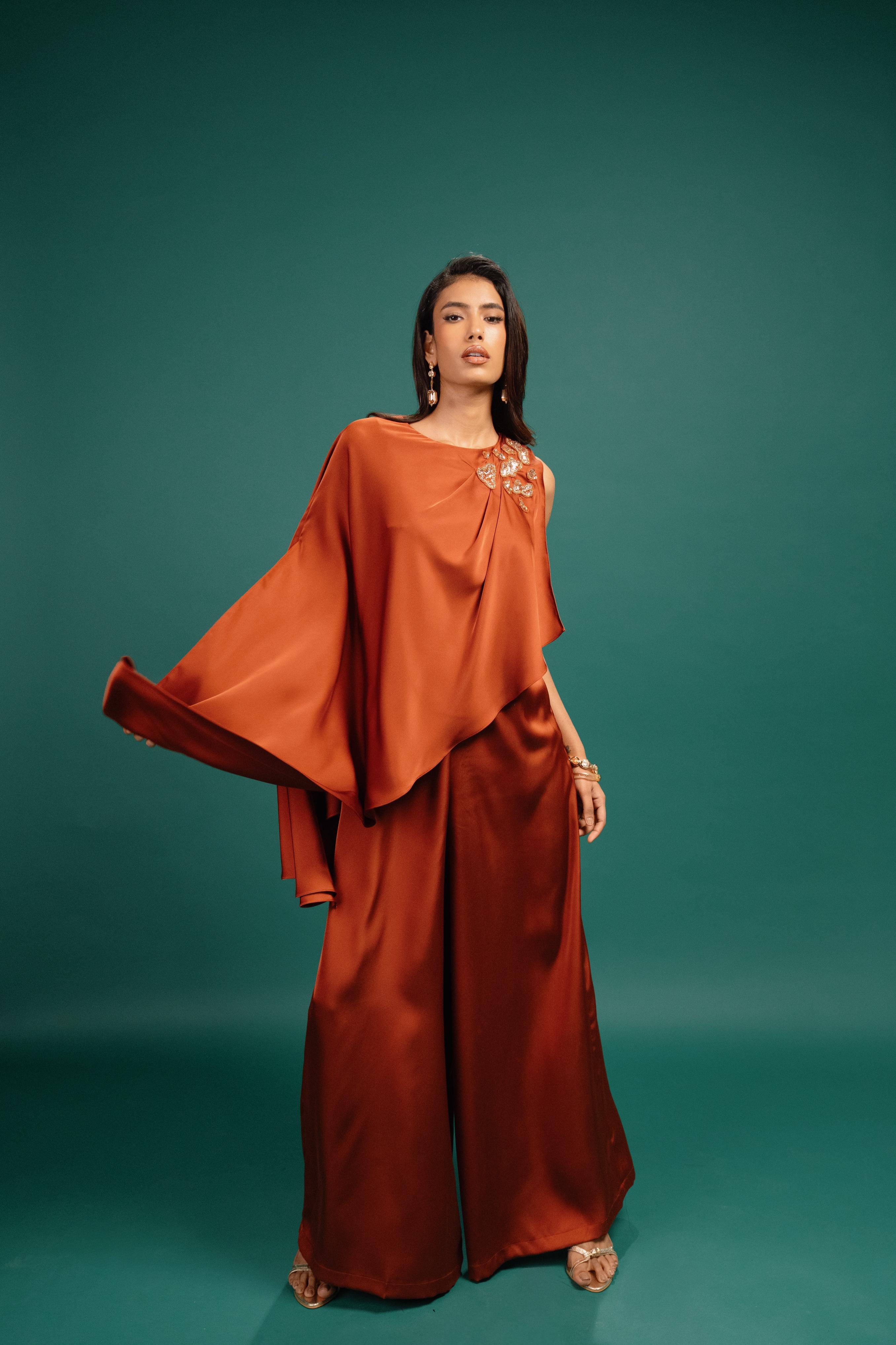 Rust Spotted Draped Satin Cape Jumpsuit