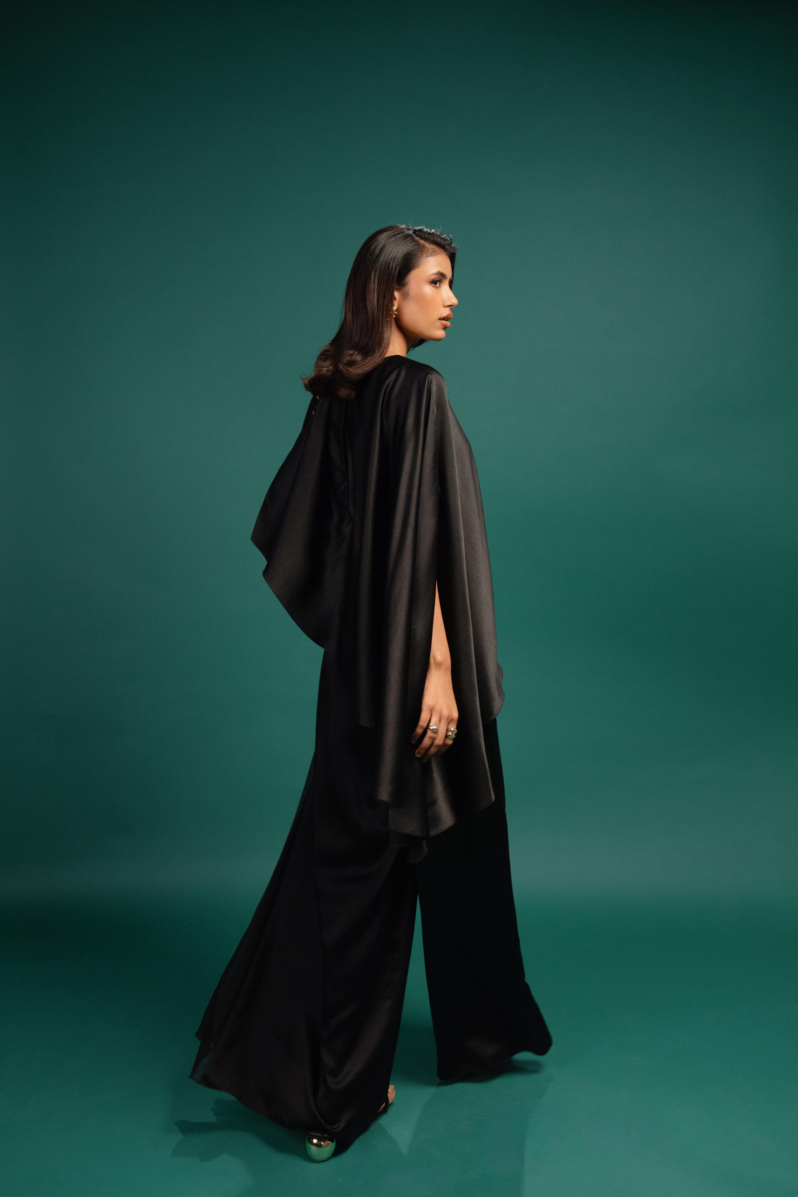 Ebony Spotted Draped Satin Cape Jumpsuit