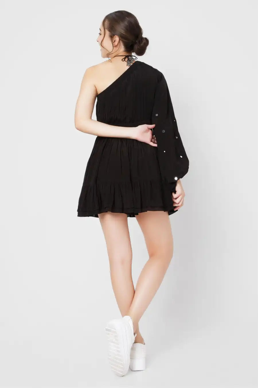 Black One Shoulder Dress with Mirror Work