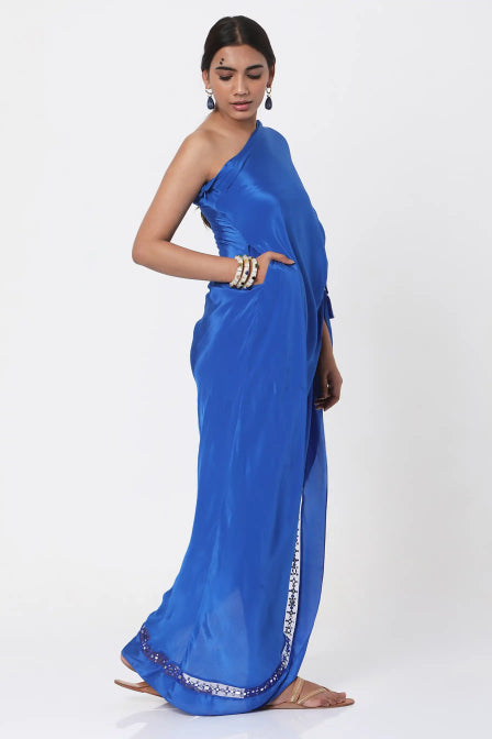 Blue Embroidered One-Shoulder Kaftan