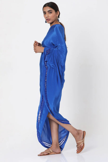 Blue Embroidered One-Shoulder Kaftan