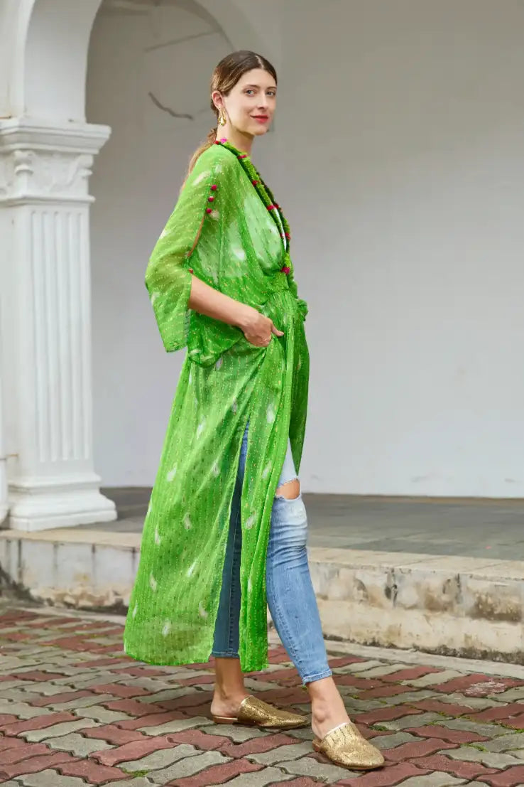 Lime-green Bandhani kimono Duster