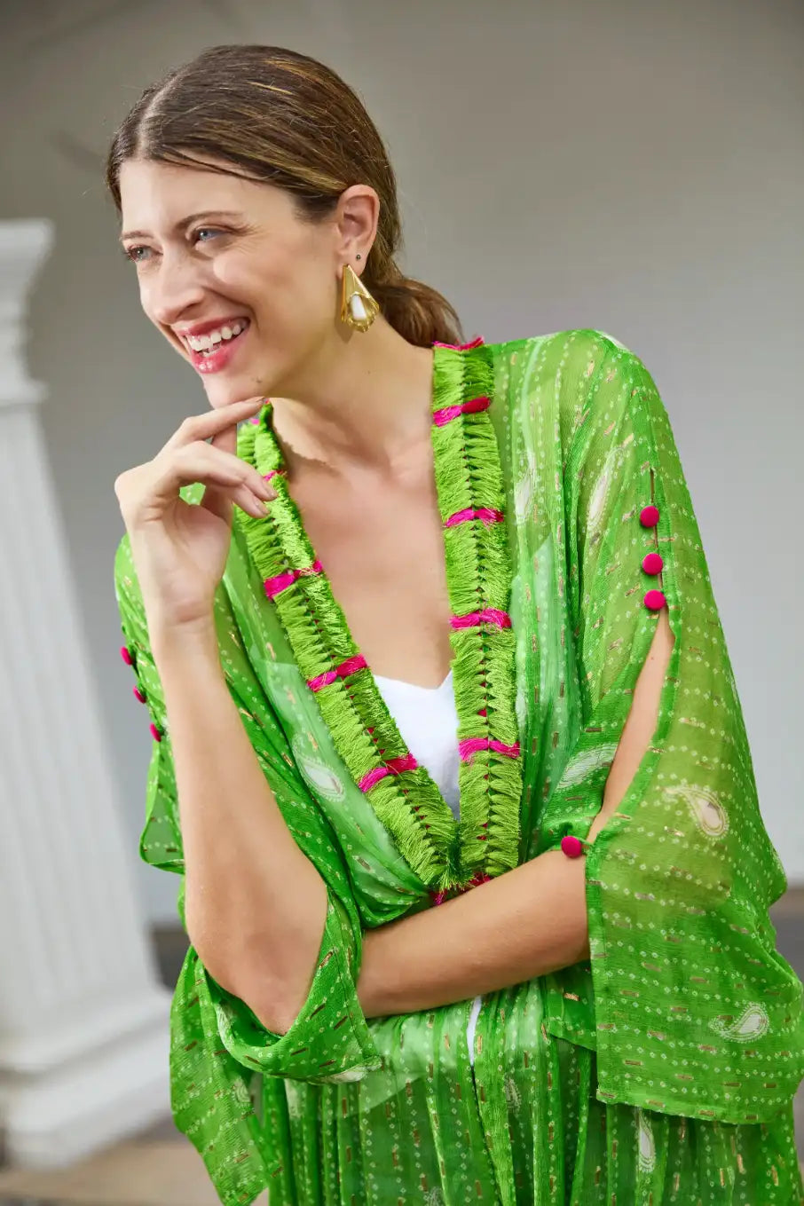 Lime-green Bandhani kimono Duster