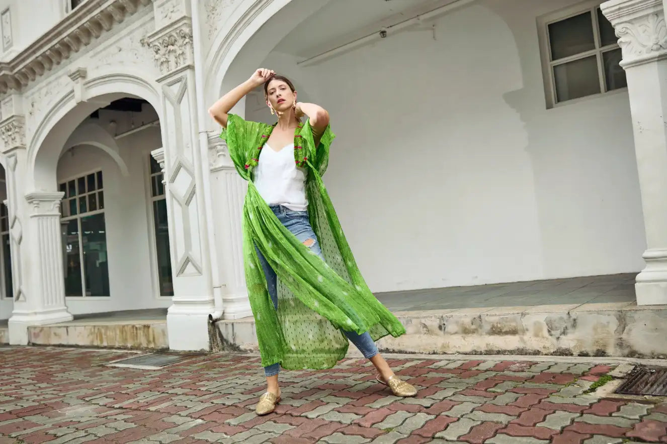Lime-green Bandhani kimono Duster