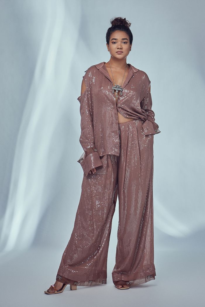 NUDE OVERSIZED COLD SHOULDER SEQUIN SHIRT