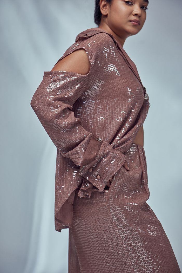 NUDE OVERSIZED COLD SHOULDER SEQUIN SHIRT
