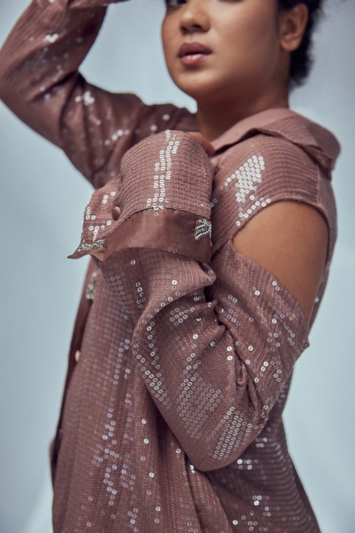 NUDE OVERSIZED COLD SHOULDER SEQUIN SHIRT