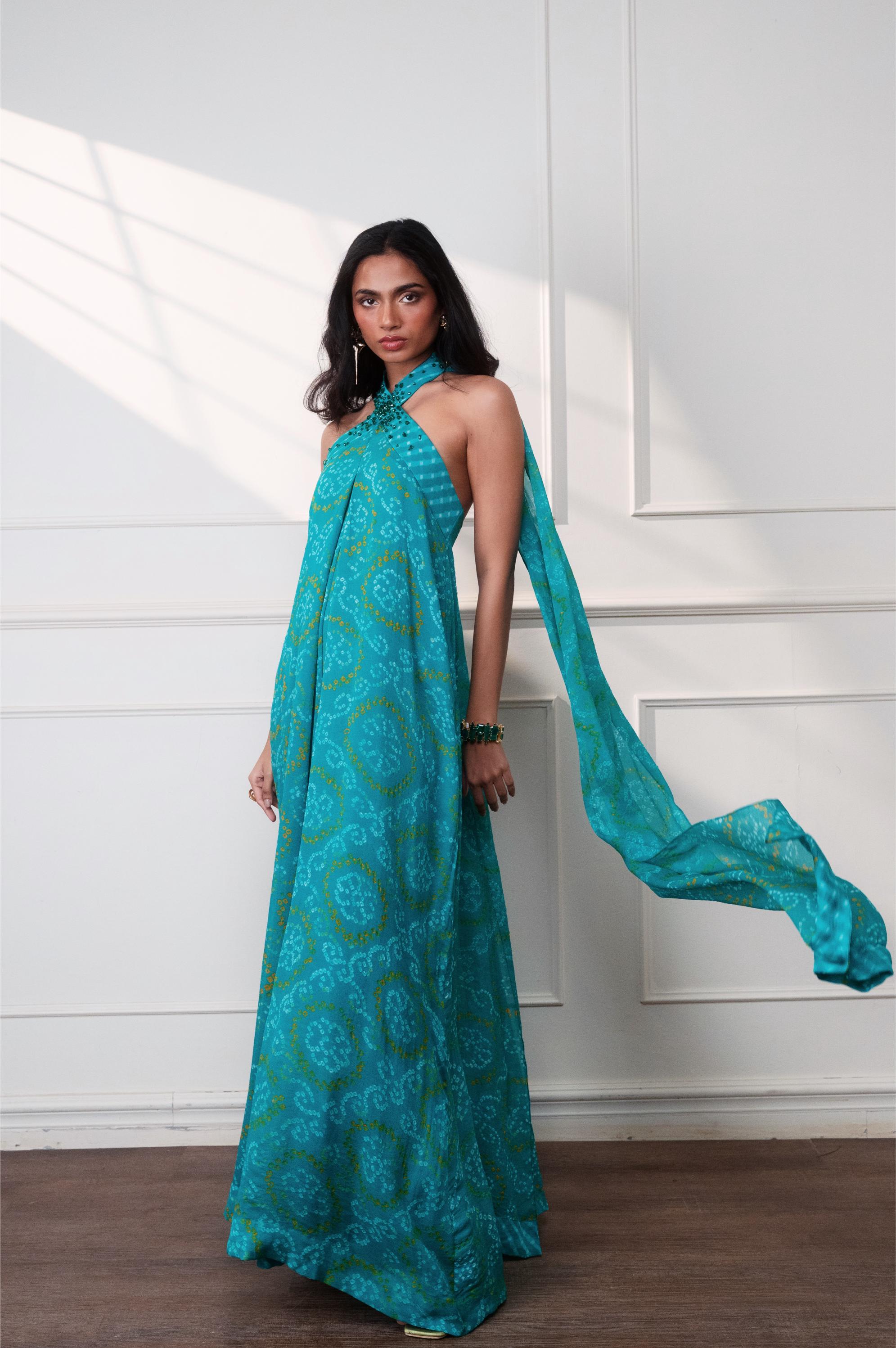 THE KNOT SEAFOAM HALTER CASCADE JUMPSUIT