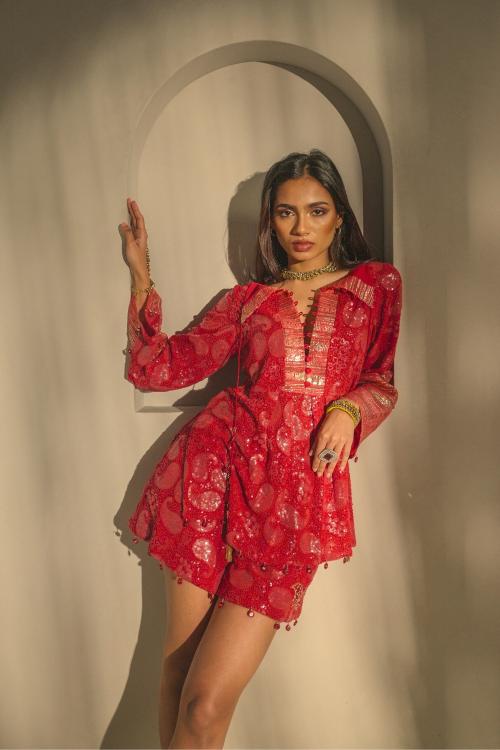 RUBY RED CHICKANKARI SHORTS