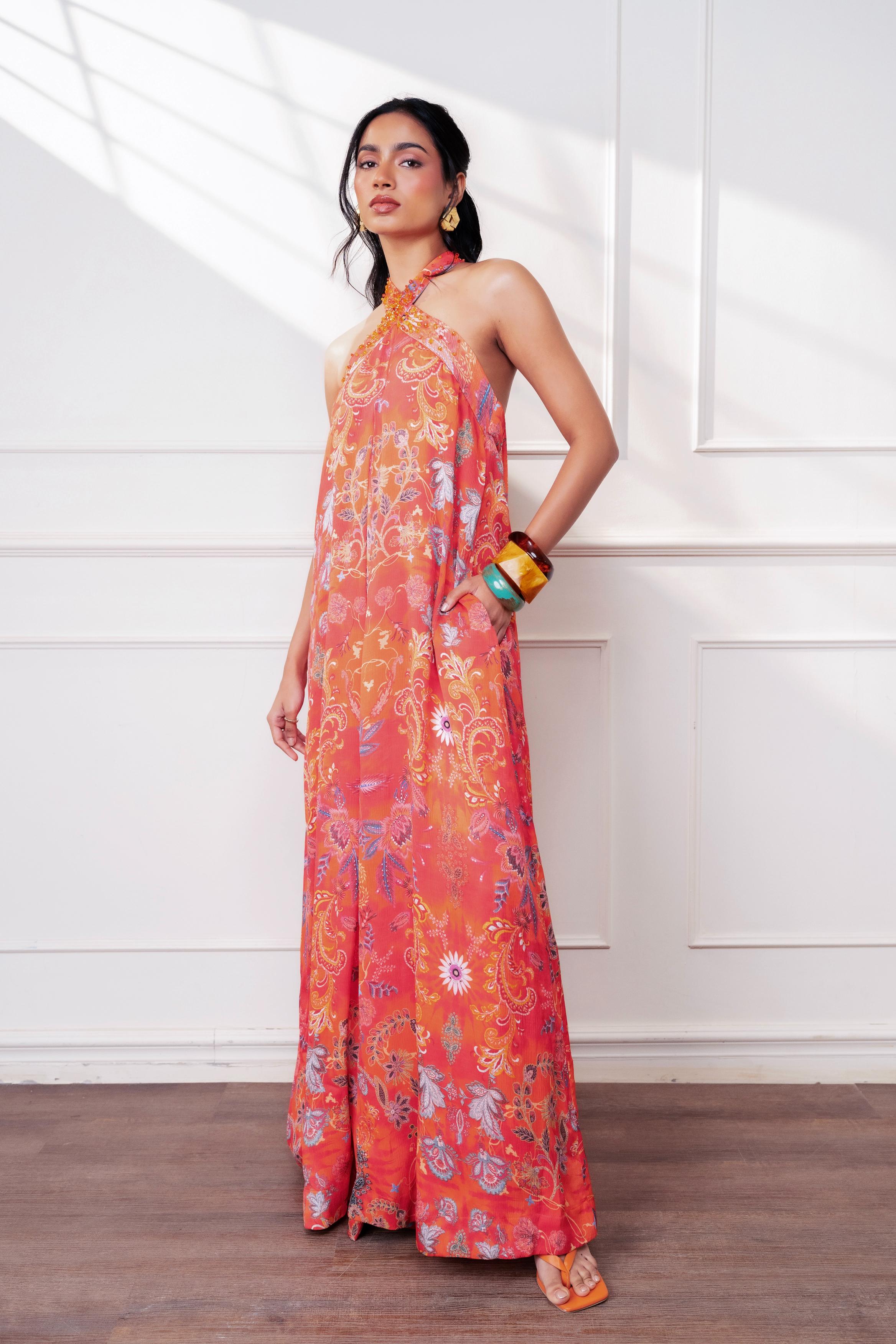 SPICE BLOOM HALTER CASCADE JUMPSUIT
