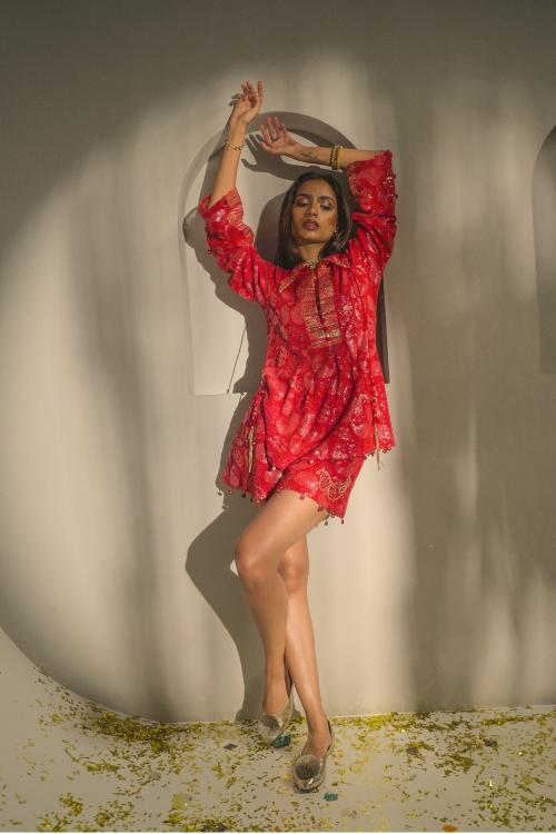 RUBY RED CHICKANKARI SHORTS
