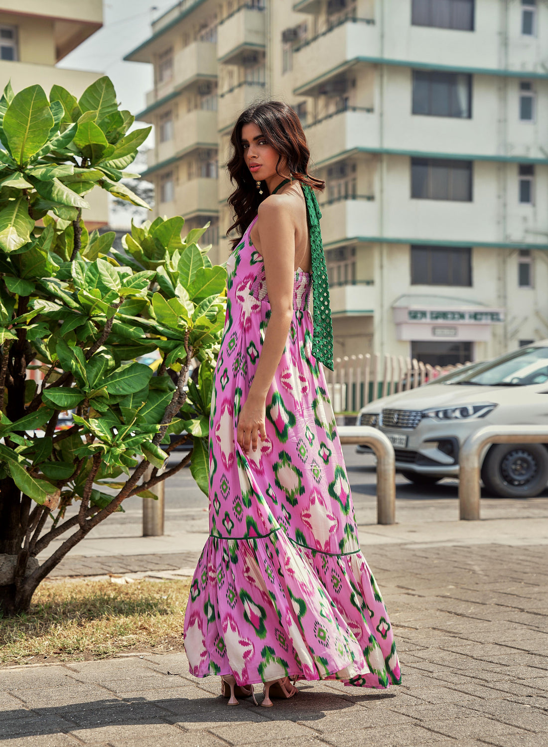 CHEEKY PINK IKAT HALTER MAXI DRESS