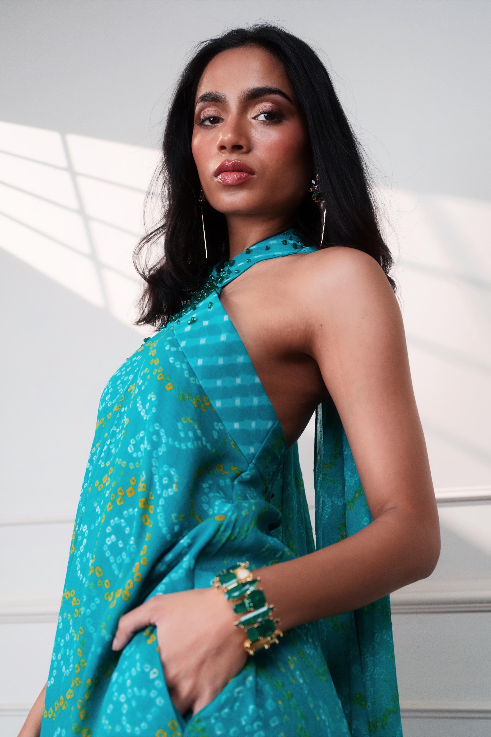 THE KNOT SEAFOAM HALTER CASCADE JUMPSUIT