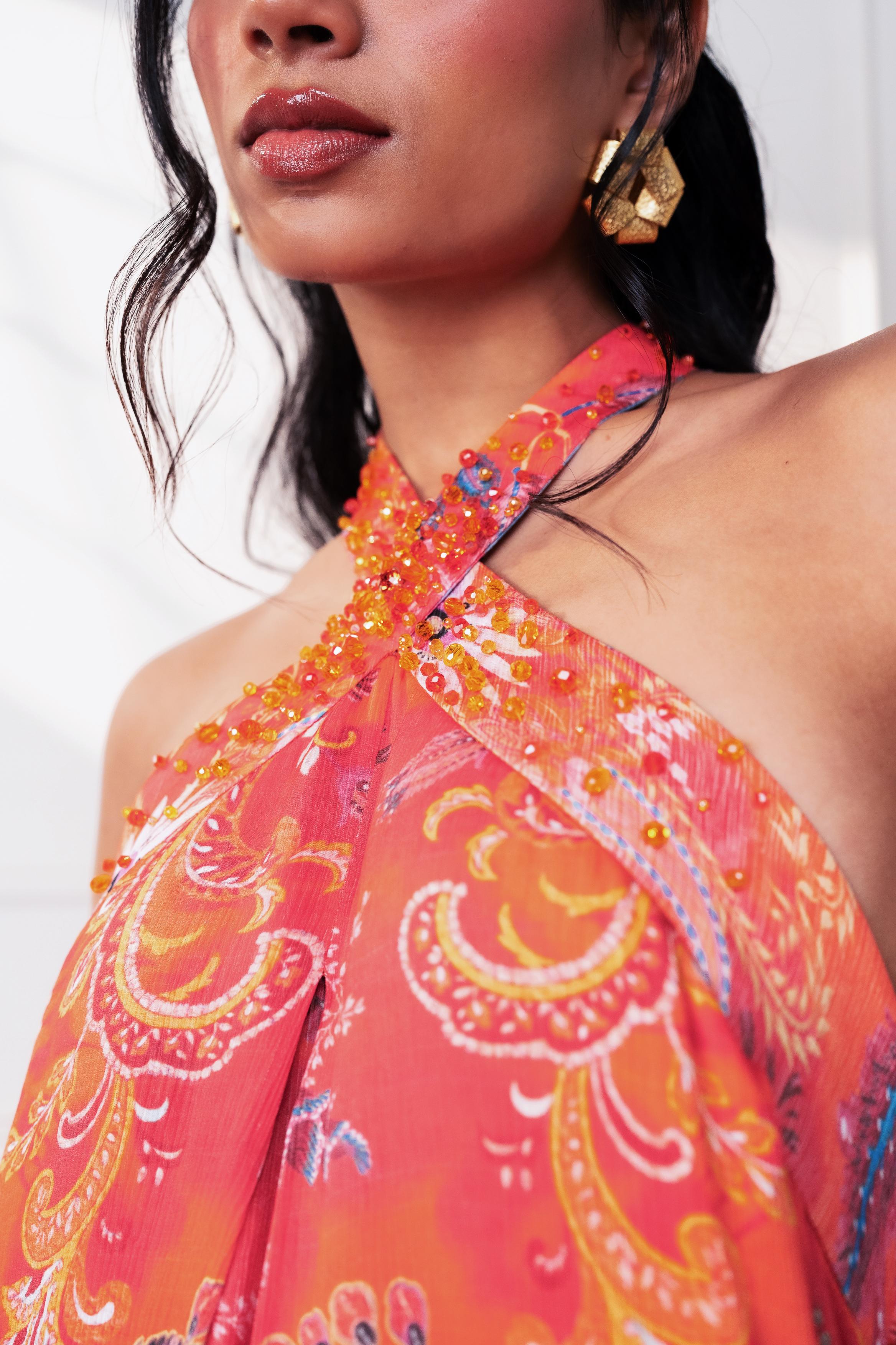 Spice Bloom Halter Cascade Jumpsuit at Style Junkiie