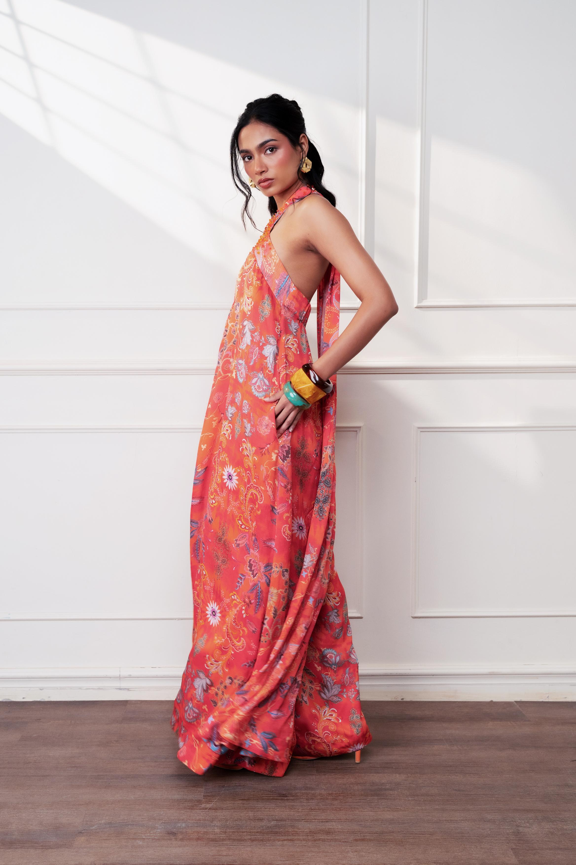 Spice Bloom Halter Cascade Jumpsuit at Style Junkiie