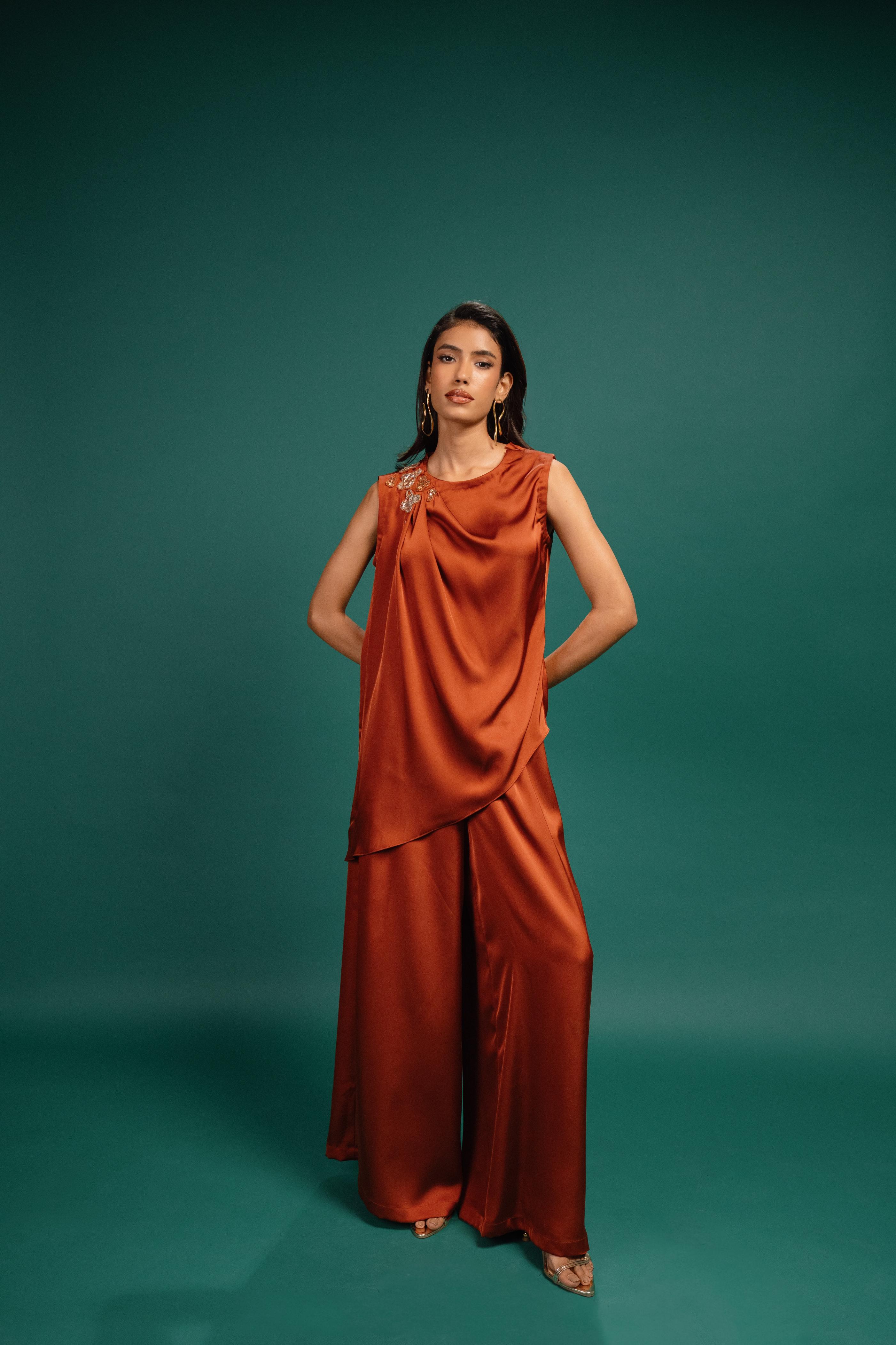 Rust Spotted Draped Satin Top