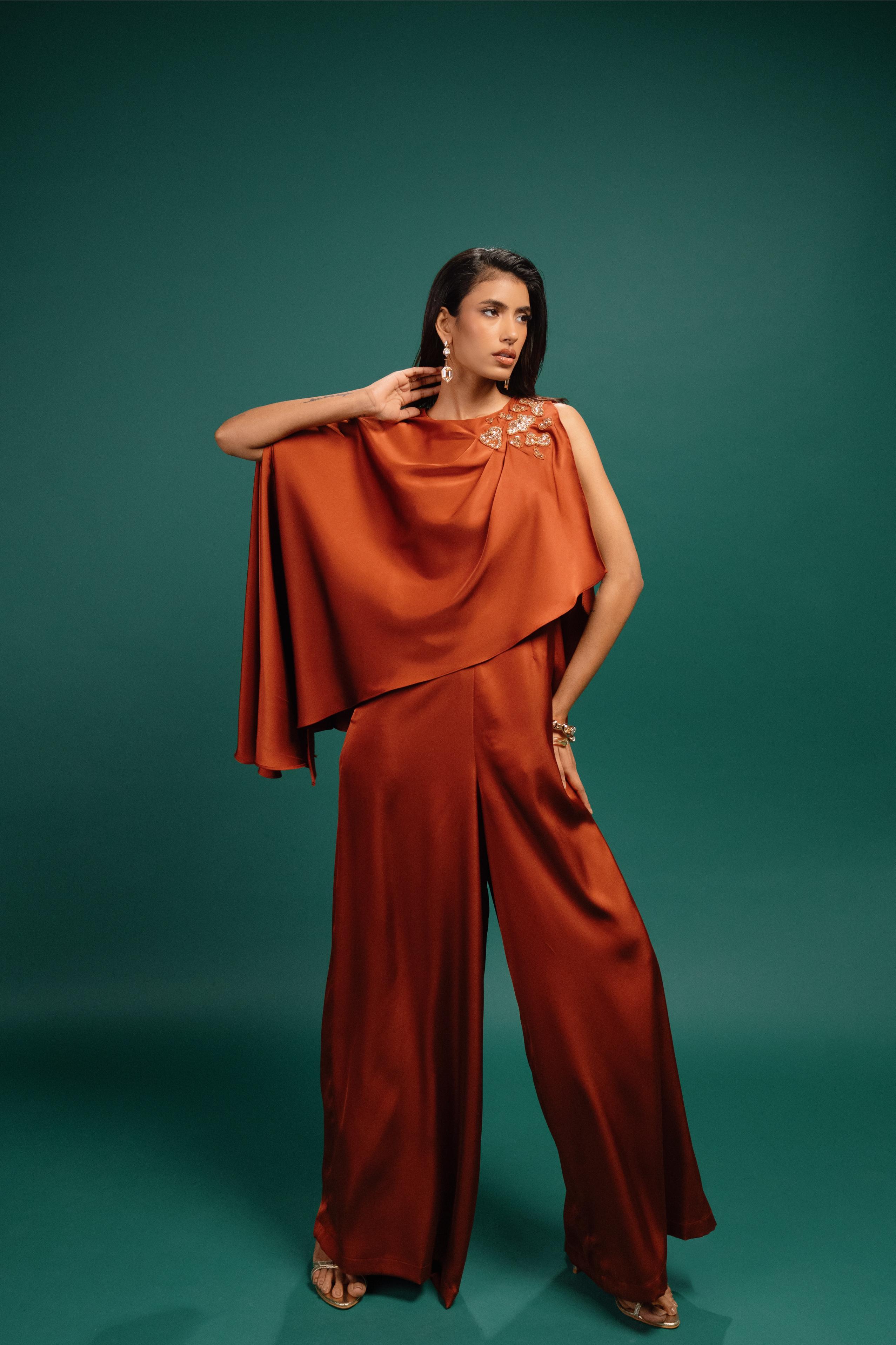 Rust Spotted Draped Satin Cape Jumpsuit