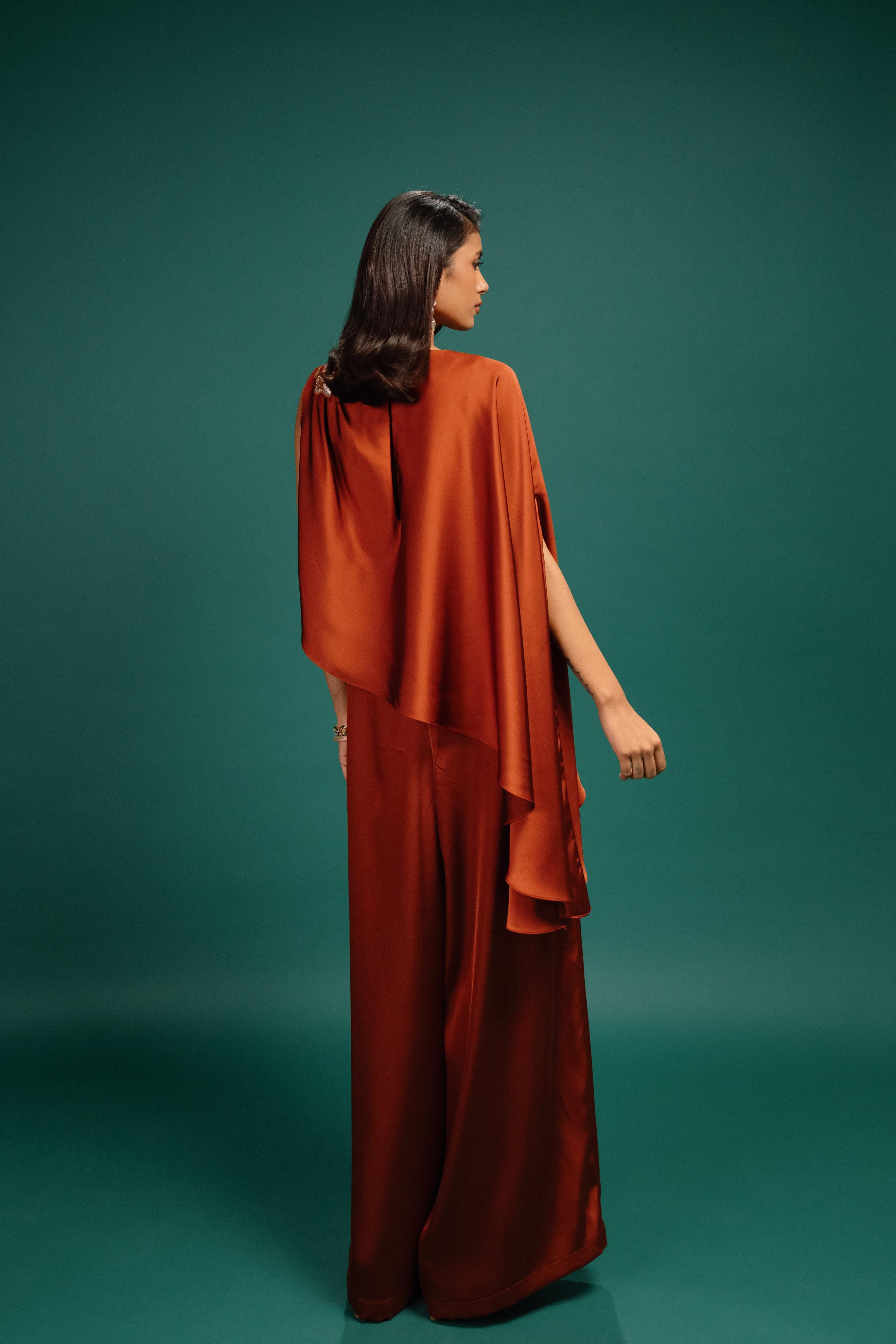 Rust Spotted Draped Satin Cape Jumpsuit