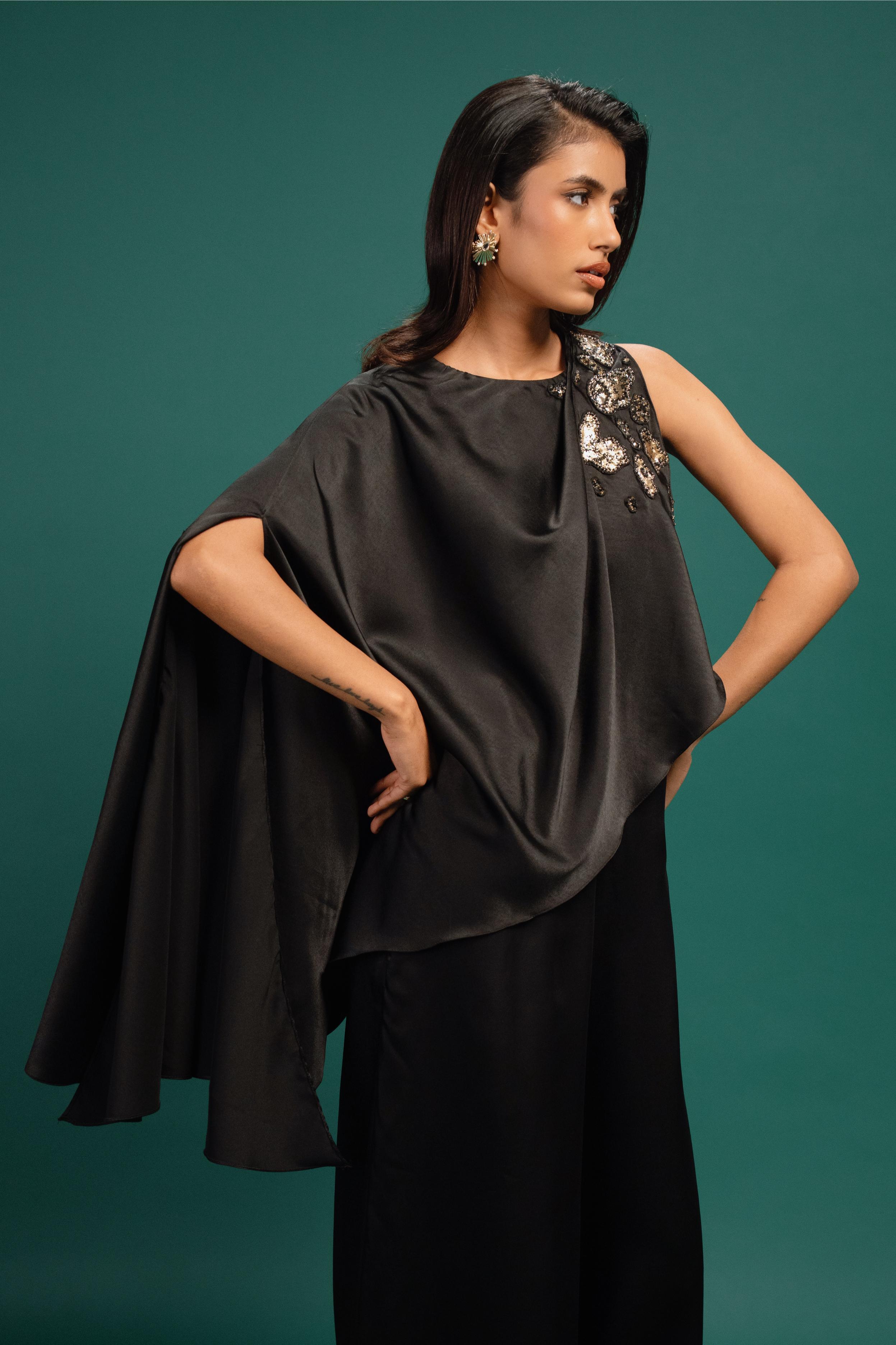 Ebony Spotted Draped Satin Cape Jumpsuit