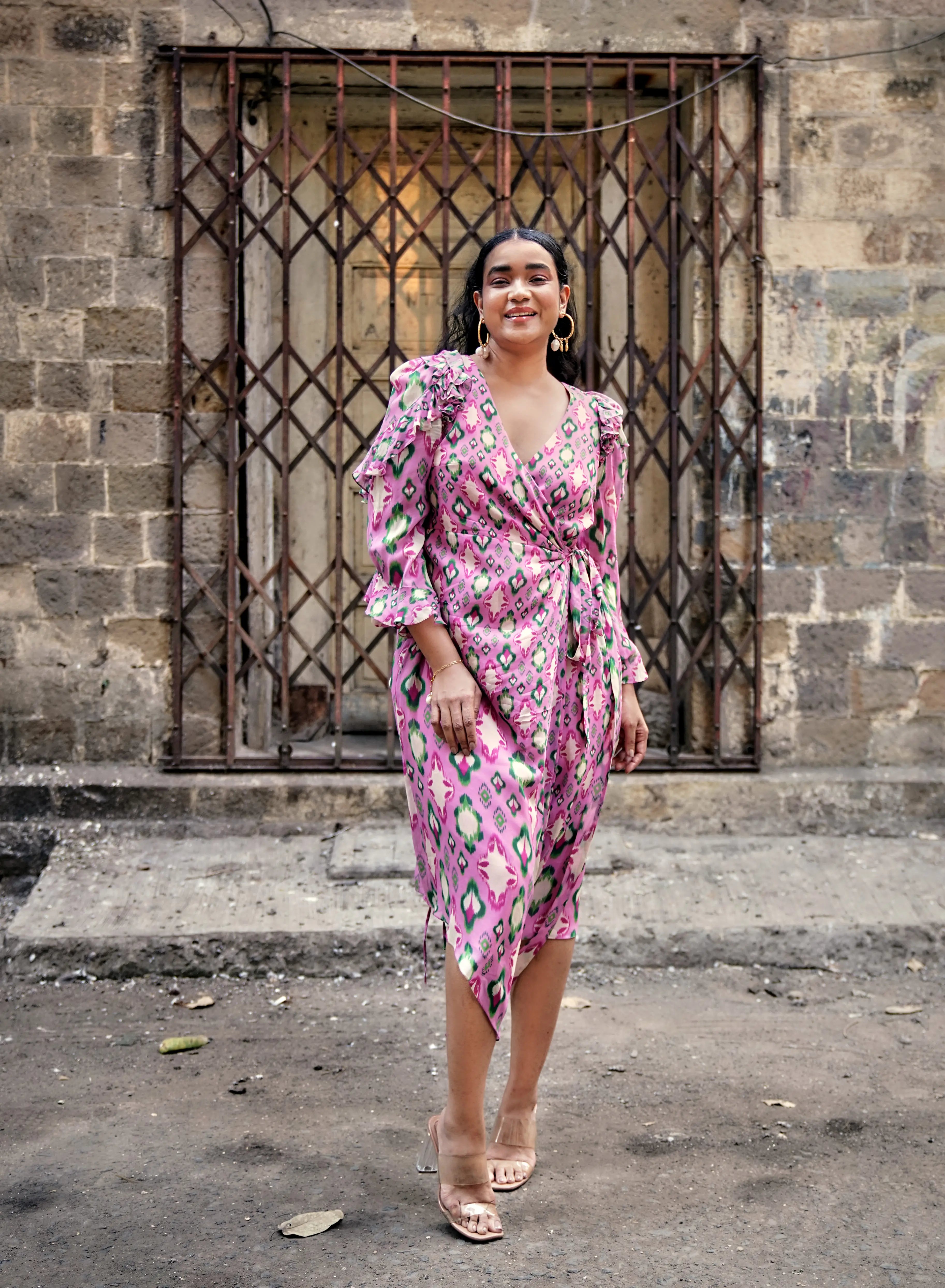 CHEEKY PINK IKAT PRINT MIX WRAP MIDI DRESS