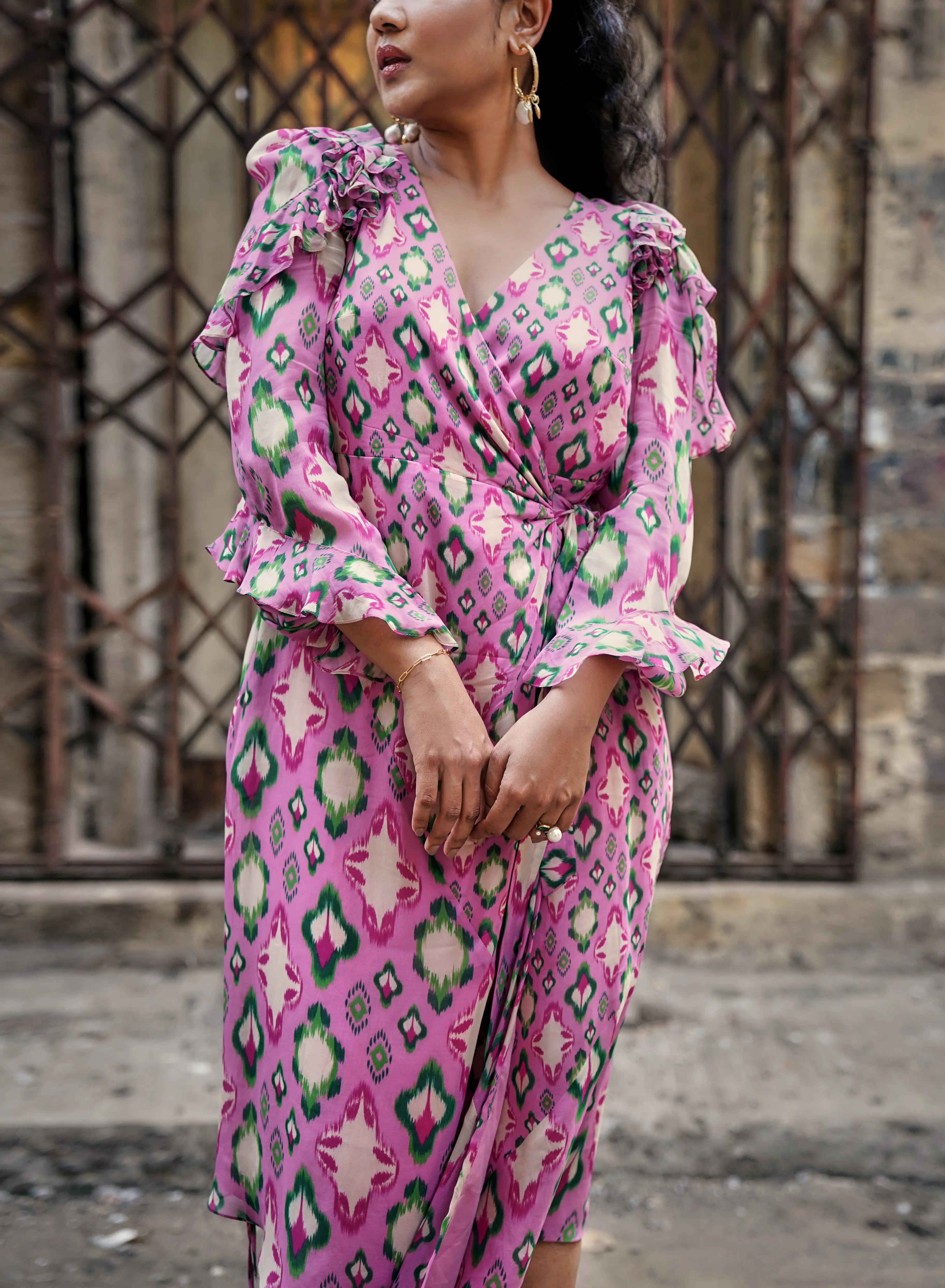 CHEEKY PINK IKAT PRINT MIX WRAP MIDI DRESS