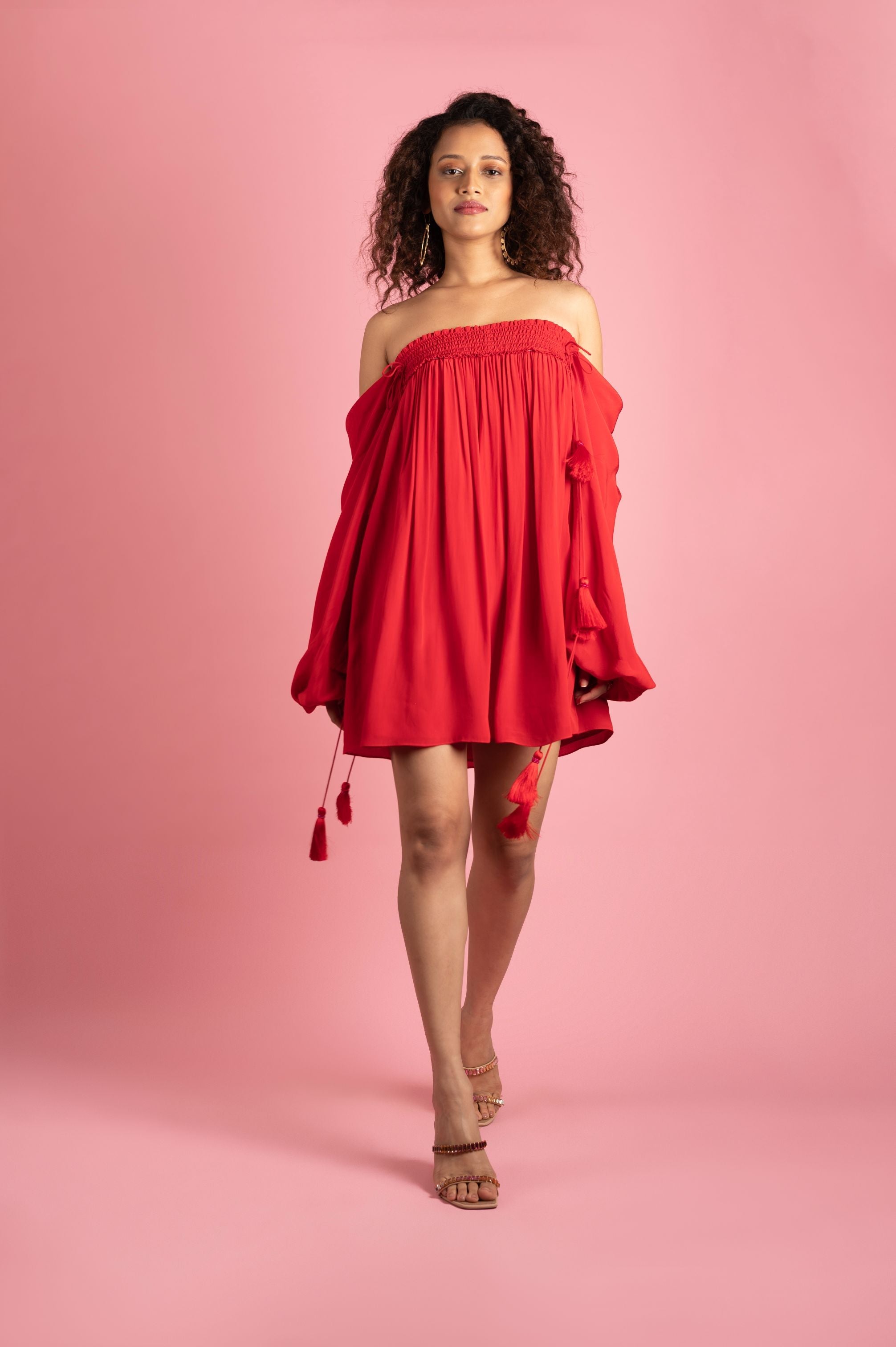 RED SMOCKED OFF SHOULDER DRESS