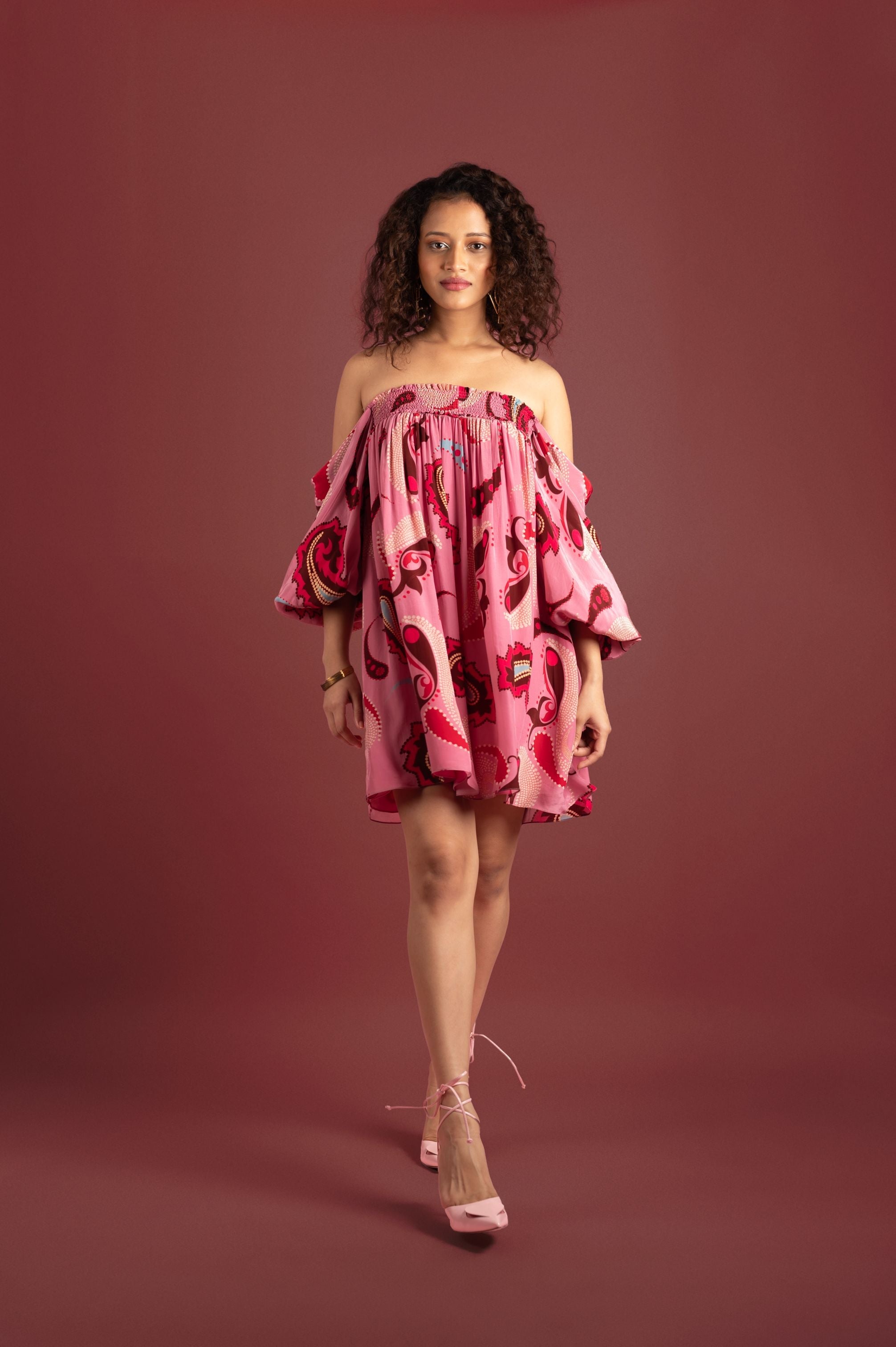 SORBET PAISLEY SMOCKED OFF SHOULDER DRESS