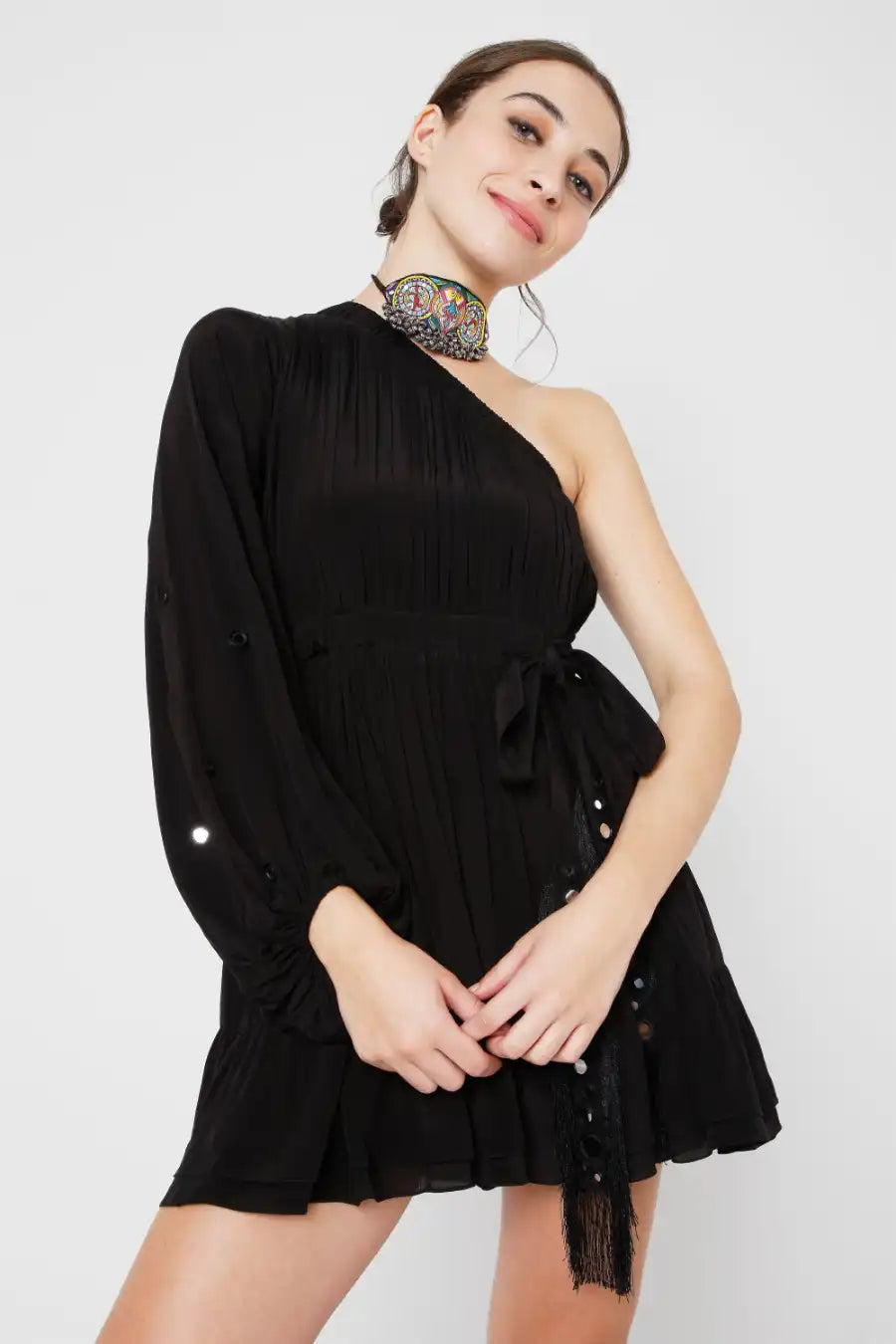 Black One Shoulder Dress with Mirror Work