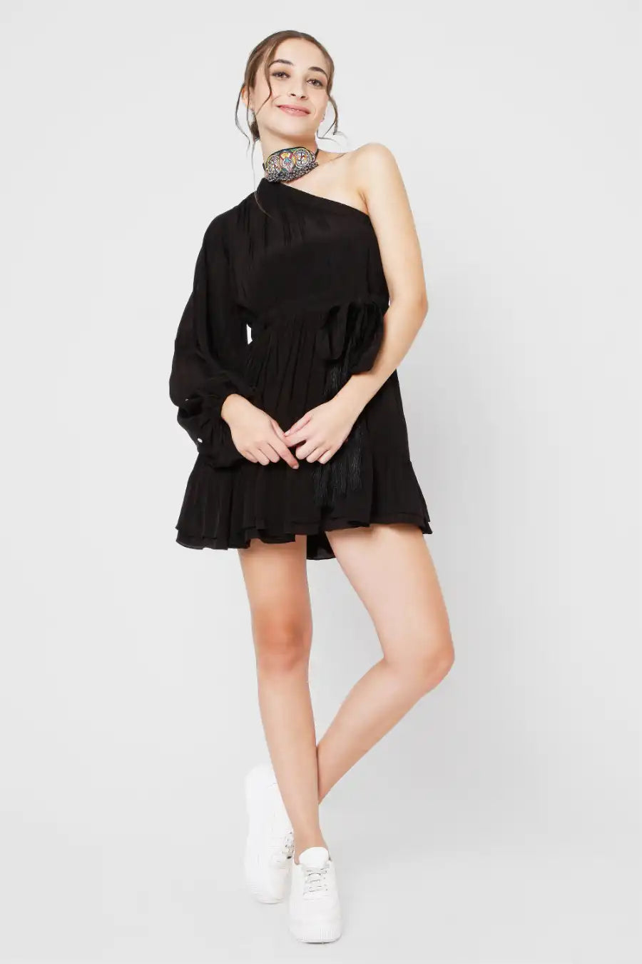 Black One Shoulder Dress with Mirror Work