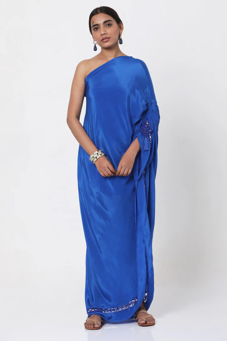 Blue Embroidered One-Shoulder Kaftan