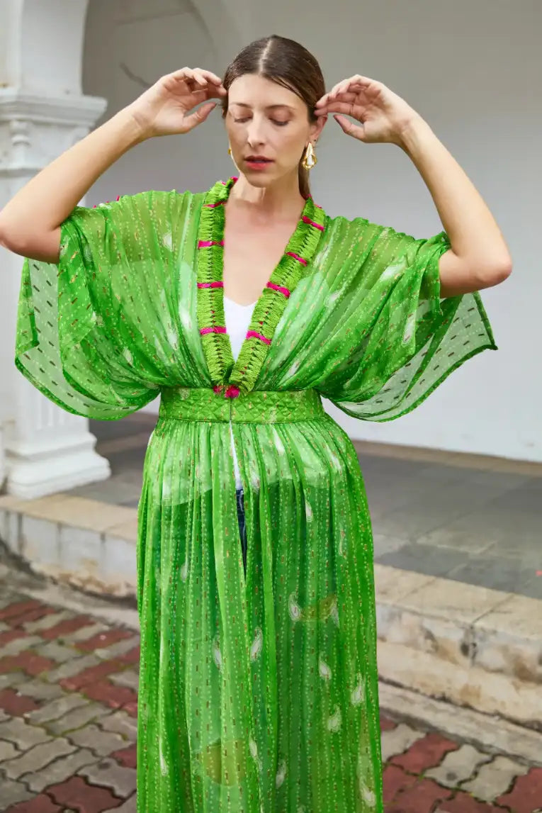 Explore Lime-Green Bandhani Kimono Duster Online | Style Junkiie ...