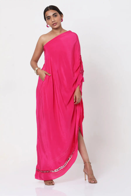 Women wear Pink Embroidered One Shoulder Kaftan
