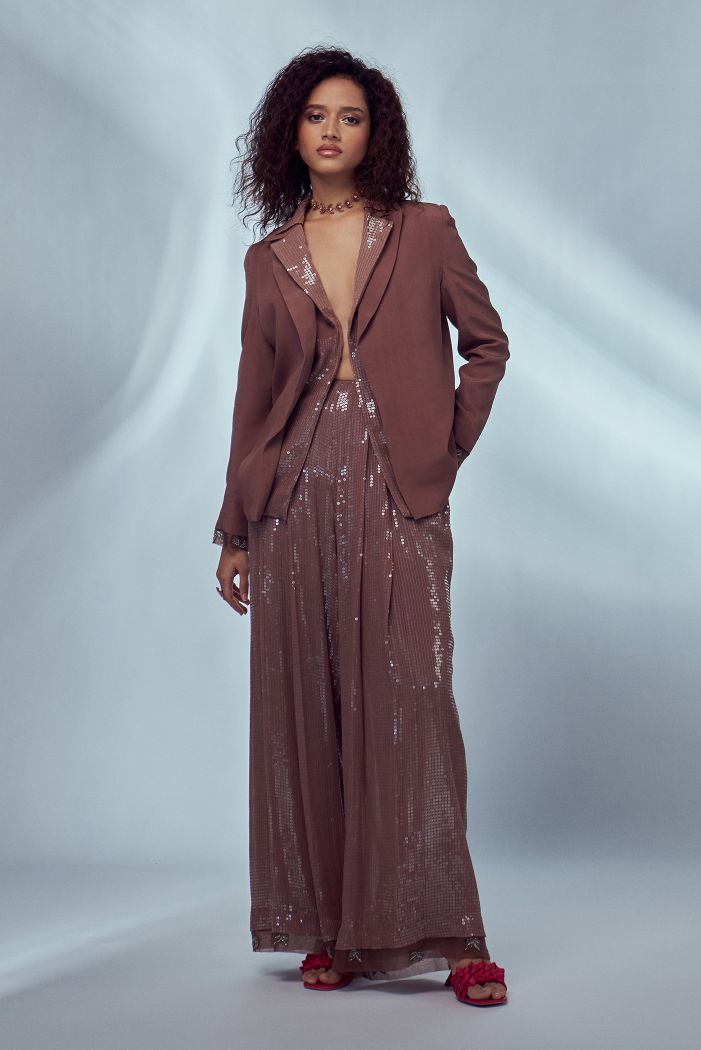 NUDE PLEATED SEQUIN PANTS