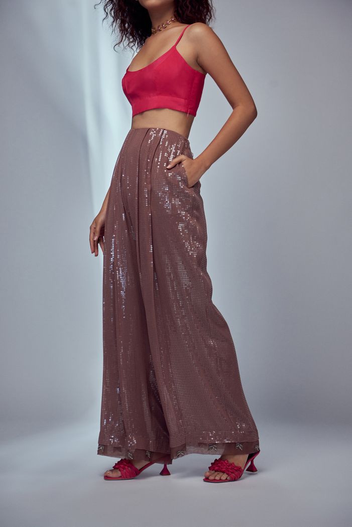 NUDE PLEATED SEQUIN PANTS