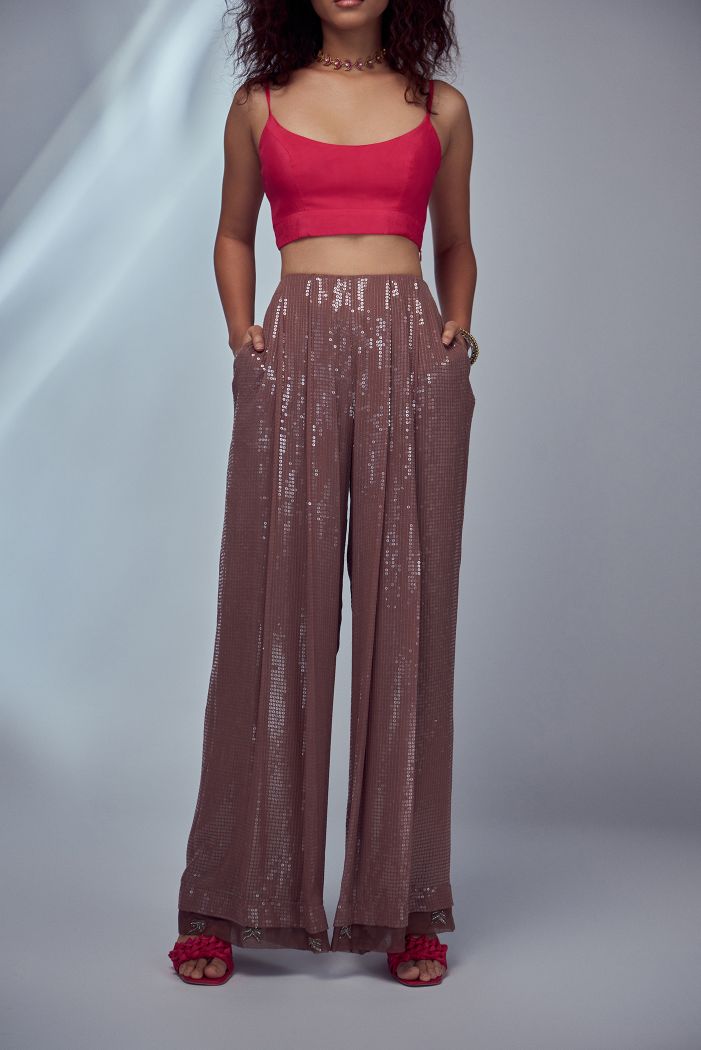 NUDE PLEATED SEQUIN PANTS