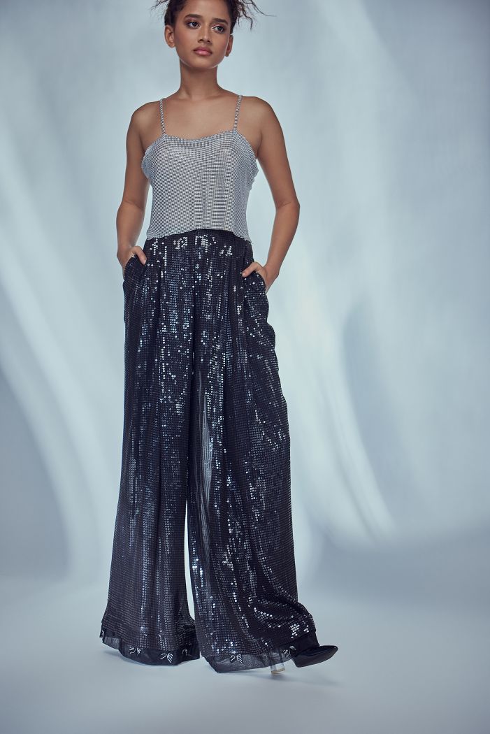 BLACK PLEATED SEQUIN PANTS
