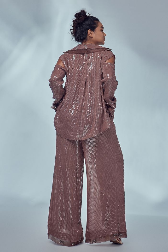 NUDE OVERSIZED COLD SHOULDER SEQUIN SHIRT