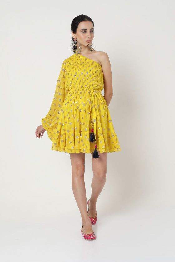 Yellow Embroidered One Shoulder Dress